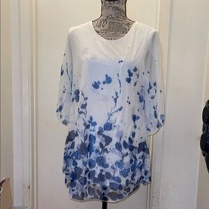 Asymmetrical White and Floral Blue Tunic with Relaxed Fit